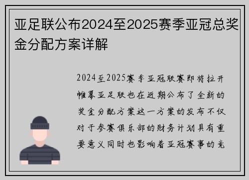 亚足联公布2024至2025赛季亚冠总奖金分配方案详解 亚足联公布2024至2025赛季亚冠总奖金分配方案详解