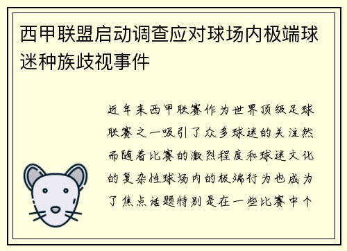 西甲联盟启动调查应对球场内极端球迷种族歧视事件